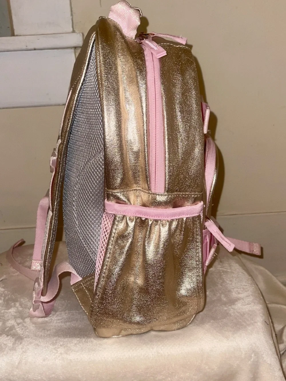 Metallic Gold Glitter Pottery Barn Kids Mackenzie Small Backpack Pink Bow